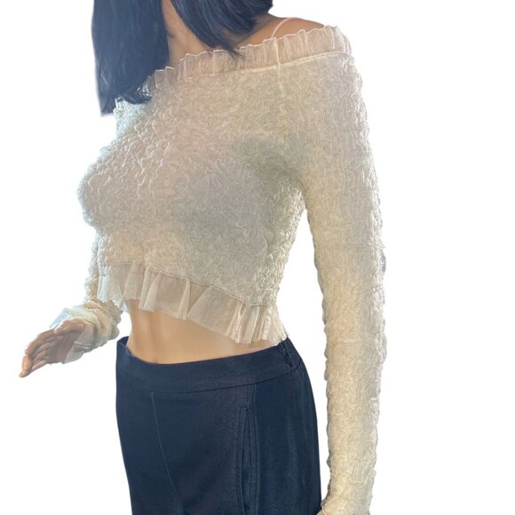 Zara Off the Shoulder Cropped Tulle Ruffle Trim Top in Pale Yellow Size Small - Picture 3 of 6